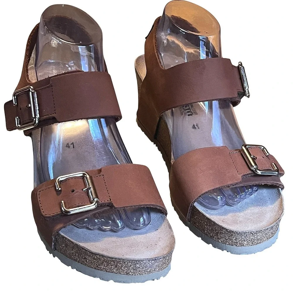 Mephisto Air-Relax Brown Leather Cork Wedge Buckle Sandals EU 41 Portugal *FLAW* - Picture 8 of 16